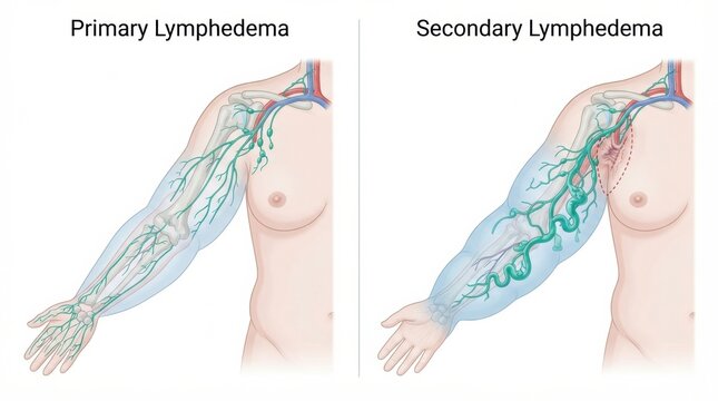 Illustration shows differences in lymphatic system between primary and secondary lymphedema in the upper arm region.