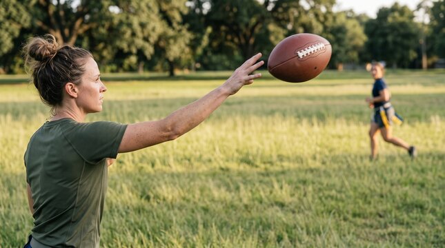 Quarterback throws a flag football route pass