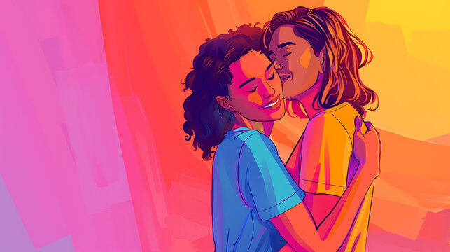 Couple in Love Hugging and Kissing on Colorful Background