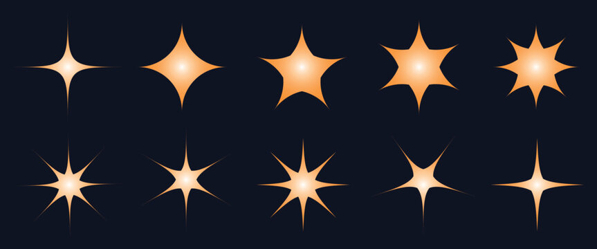 Sparkles and starbursts icon. Vector set of different twinkling sparkles icons on black background.
