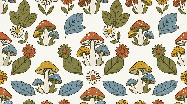 Seamless pattern with cute pixel art mushrooms and forest leaves in retro vintage style for wallpaper and textile design