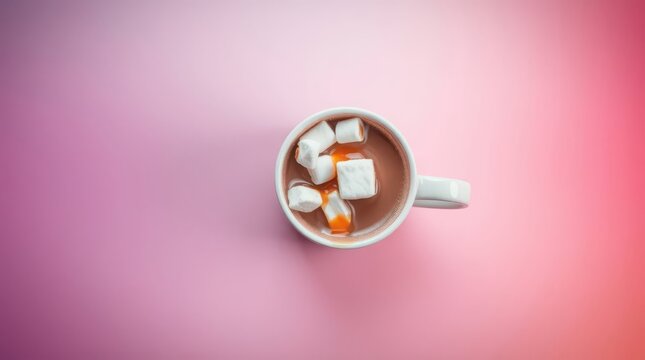 Hot chocolate with marshmallows in a cup. Sweet cocoa drink on a vibrant gradient background.