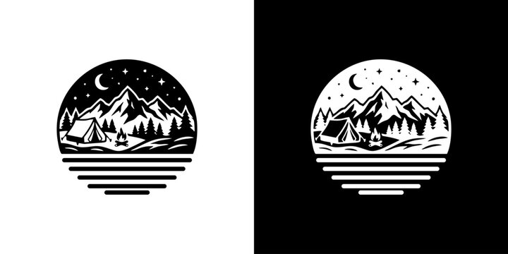 Vintage camping logo featuring mountains, tent, campfire, and starry night sky in black and white