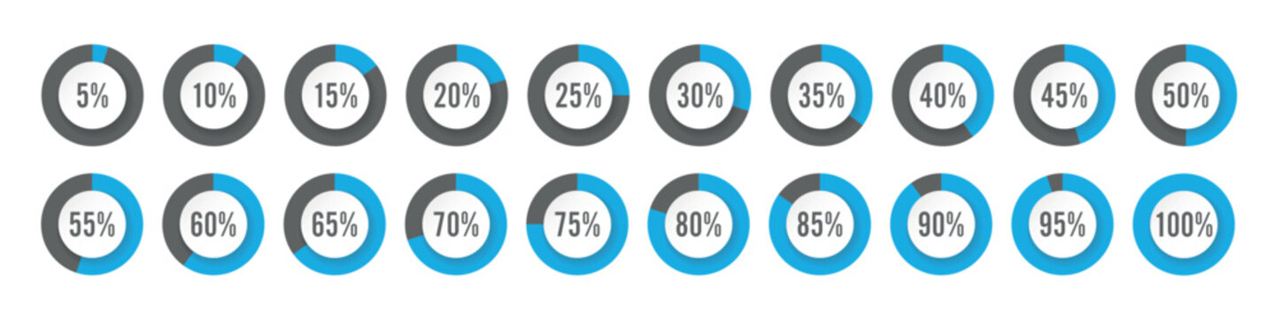 Abstract blue spiral percentage infographics elements. Round diagrams icons for infographics from 0 to 100 percent, pie charts indicators.