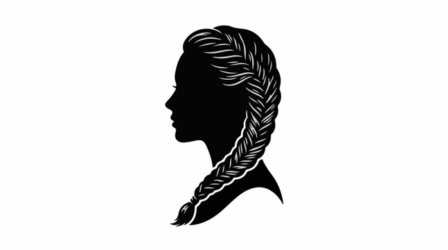 Minimalist black silhouette profile portrait featuring detailed fishtail braid hairstyle on clean white background with showing intricate fishtail