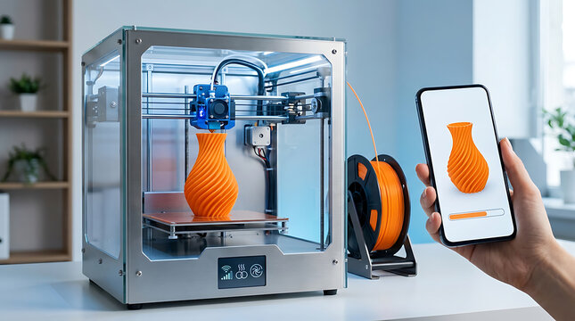 3D printer creating an orange vase while a phone displays the same object
