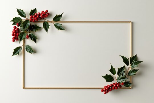 Elegant Golden Christmas Frame with Fir Branches and Red Holly Berries Holiday Border