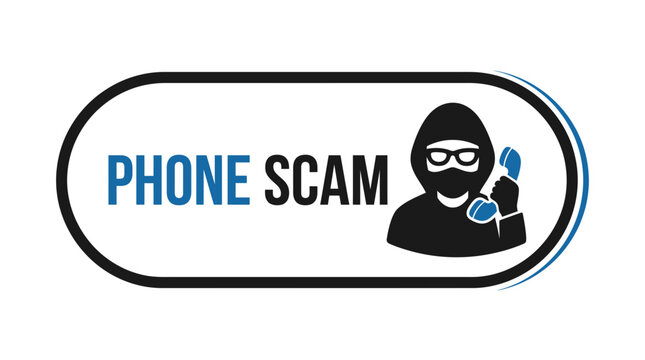 Fraudulent telephone scam warning icon featuring a black masked criminal figure holding an old landline handset