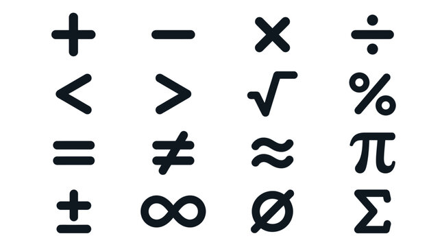 Mathematical symbols arranged in a grid featuring arithmetic operators and various essential algebraic scientific notation icons