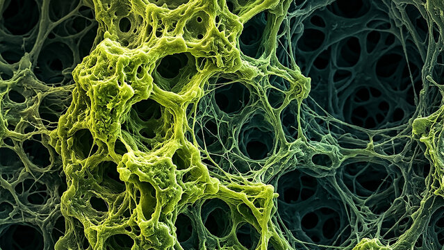 Ultra-Realistic Macro Scan of a Luminescent Chartreuse and Teal Porous Biological Matrix in Scanning Electron Microscope Style