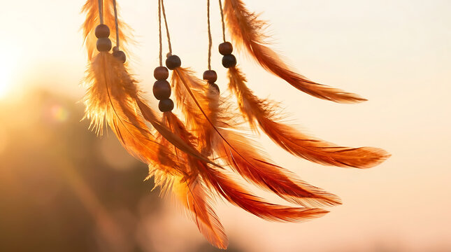 Native American Dreamcatcher Feathers Hanging in Warm Sunset Golden Hour Light