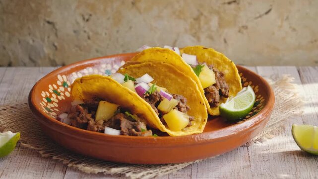 A plate of four tacos topped with fresh beef, pineapple, and onion.