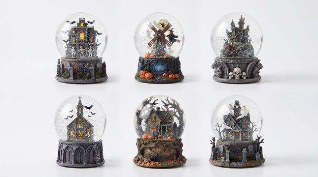 Spooky Halloween snowglobe set with miniature haunted house and gothic castle dioramas isolated on white background