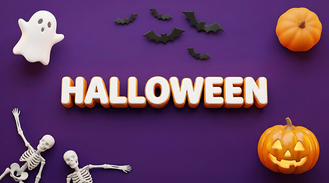Festive halloween background with pumpkins ghost skeletons and bats on a vibrant purple surface for seasonal holiday design