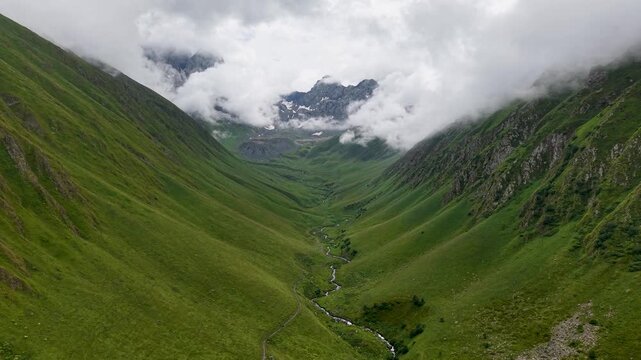 Aerial drone view over Juta Valley and Chaukhi pass, Georgia