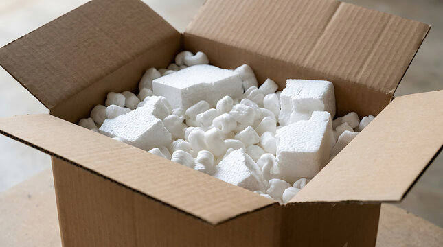 Open cardboard box filled with protective foam peanuts and packaging material