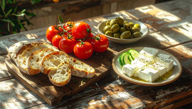 Mediterranean breakfast with fresh tomatoes, olives, feta cheese and crusty bread