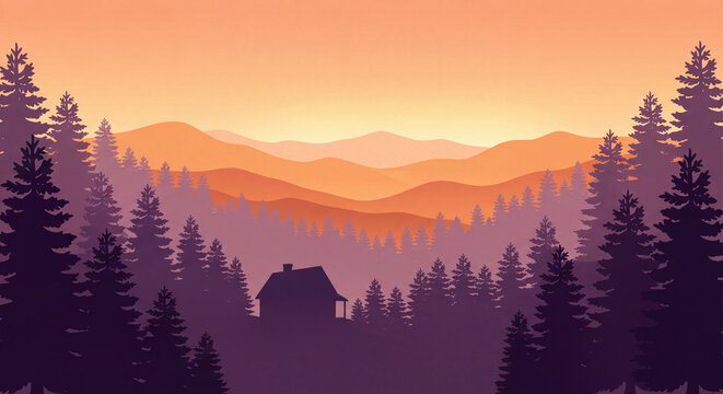 Layered mountain landscape with silhouetted trees and cabin flat vector illustration