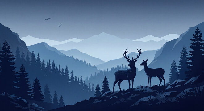 Two deer stand silhouetted against a layered mountain landscape illustration