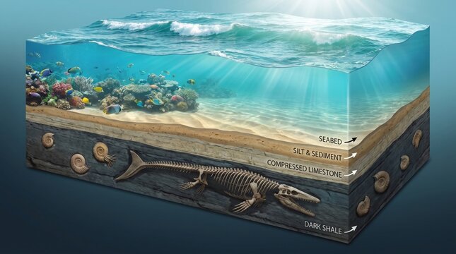 Mosasaurus fossil skeleton buried in ocean floor geological layers