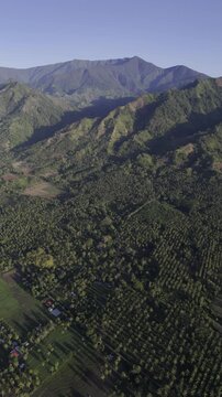 Aerial drone view of Mount Mantalingahan above a valley neighborhood beneath a clear blue sky