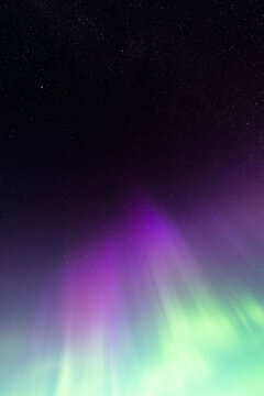 Green and Purple Aurora Rays Rising Into a Dark Starry Sky