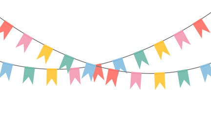 Fototapeta premium Carnival colored garlands and bunting. Festive triangle flags on rope for decoration of party, holiday, event, festive, celebration. Colorful pennants for banner, flyer, template Vector design element