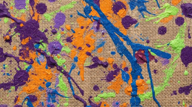 Abstract Paint Splatter on Burlap Background