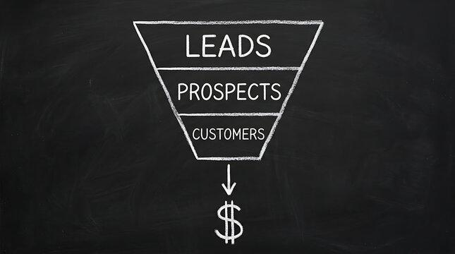 Sales funnel strategy diagram on blackboard representing business marketing automation