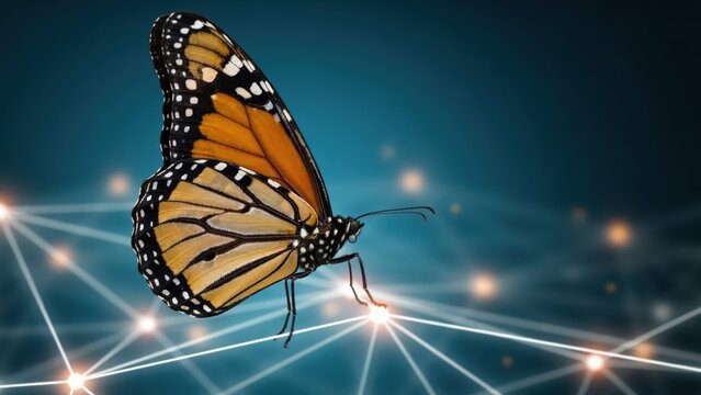 A colorful monarch butterfly rests on a glowing digital network nodes connection line. Technology synergy and biotechnology innovation conceptual background.