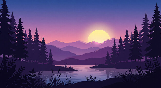Stylized forest landscape illustration with mountains and a glowing sun