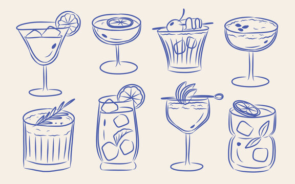 Blue Cocktail Glasses Line Art Clipart Set, Hand Drawn Beverage Outline Vector Illustration, Bar Menu Drink Icons, Minimalist Cocktail Design Elements for Lounge Party, Cafe, Club