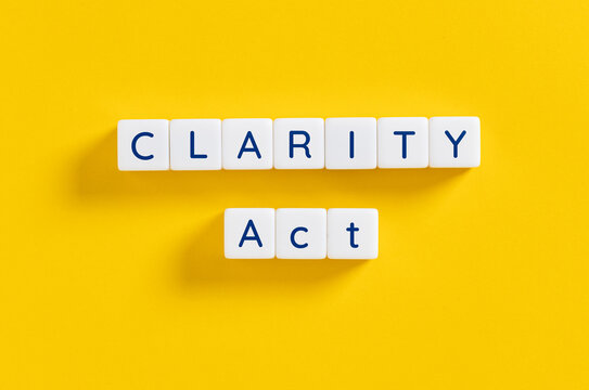 CLARITY Act text on white letter blocks over yellow background