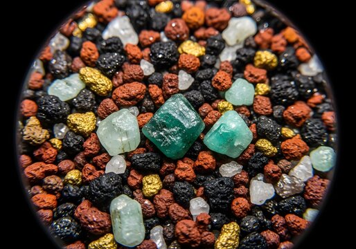 Brilliant green crystals nestled within a rich tapestry of varied mineral aggregates