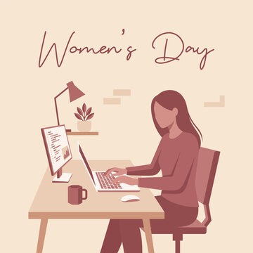 A vector illustration for Womens Day featuring a professional woman working at her desk with a laptop and computer monitor in a cozy office environment