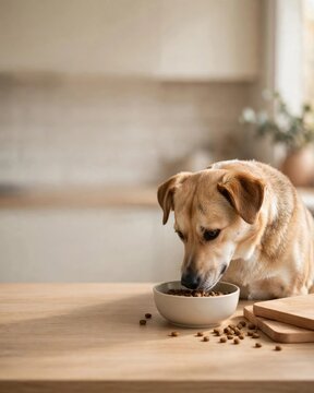 Adorable Dog Eating Food From Bowl Indoors