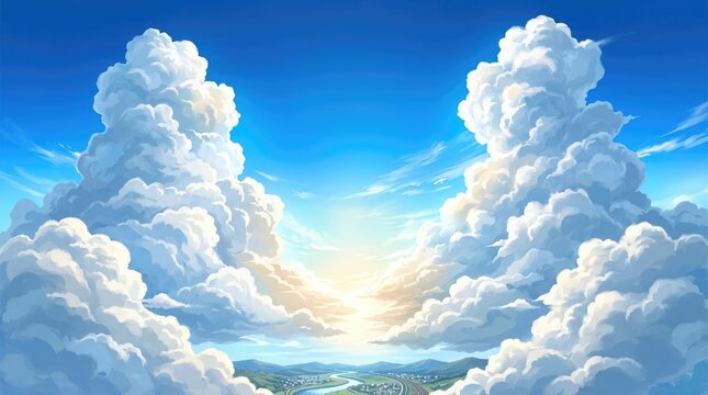 Bright sunlight breaking through fluffy white clouds in a blue sky