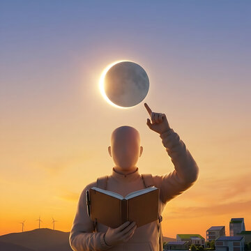 Faceless Figure Holding Book Pointing at Solar Eclipse in Sunset Sky 3D Render