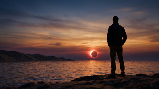 Silhouette of Man Standing on Coast Watching Solar Eclipse Over Ocean
