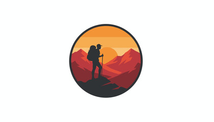 Fototapeta premium Solo hiker stands on a rocky peak overlooking majestic mountain ranges during a vibrant orange sunset in a circular badge style graphic illustration.