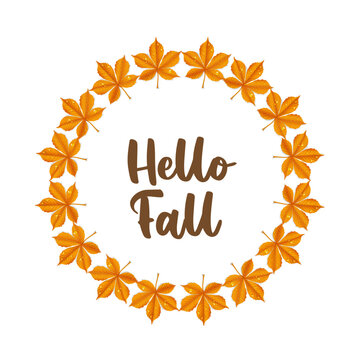 Round frame from yellow chestnut leaves isolated on white background