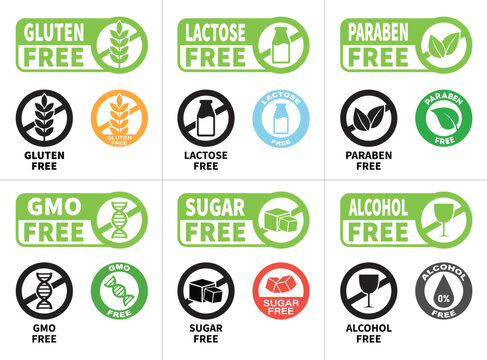 Gluten free, lactose free, GMO free, sugar free, alcohol free and paraben free symbols icons set