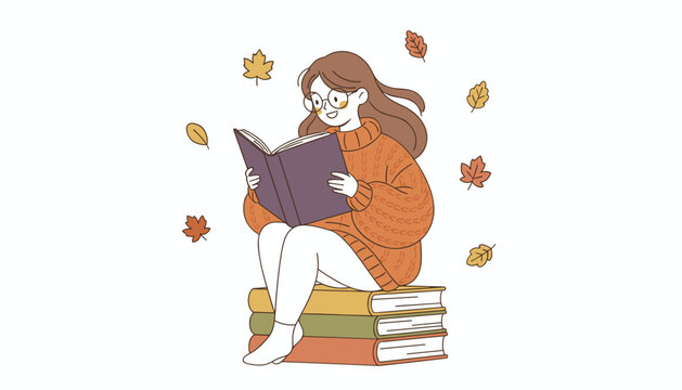 Studious girl wearing an orange sweater sits on a stack of books reading intensely while dry autumn leaves drift around her in this cozy seasonal scene.