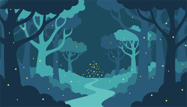Dark forest path illuminated by glowing golden fireflies at night creates a mysterious atmosphere perfect for fantasy storytelling illustrations.