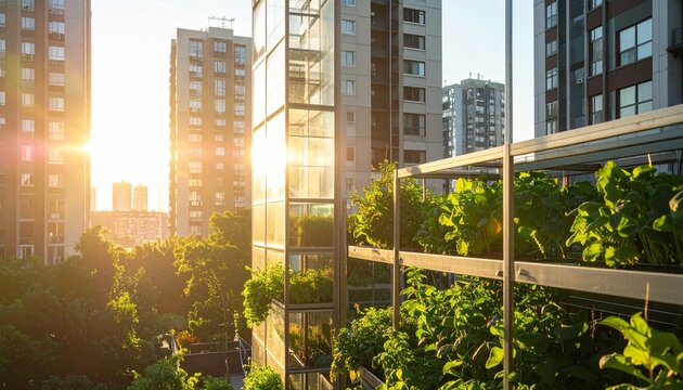 Urban Vertical Garden with Sunlight and High Rise Buildings.