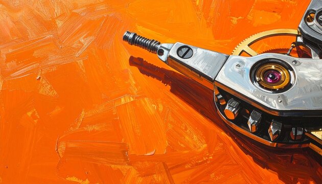 Close up of vintage camera lens on orange background.