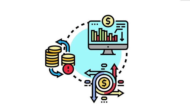 Capital feasibility verification process with financial data analysis on a monitor, showing money flow, investment growth, potential risks, and resource management