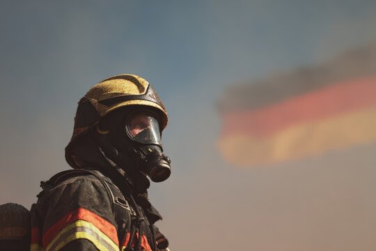 Firefighter stands with German flag waving in the background during emergency response in a smoky area