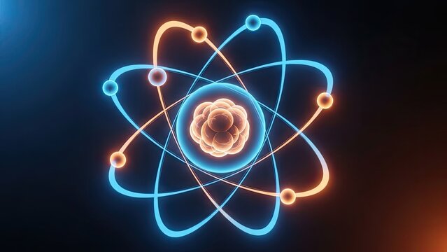 Glowing atomic model with orbital paths and nucleus.