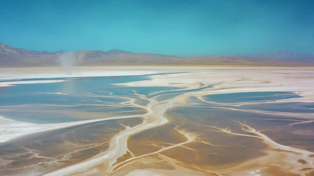 Aerial view of a vast, dry salt lake. Blue waters split by white salt crusts. Towering mountains frame the distant horizon. Clear skies stretch above the rugged terrain